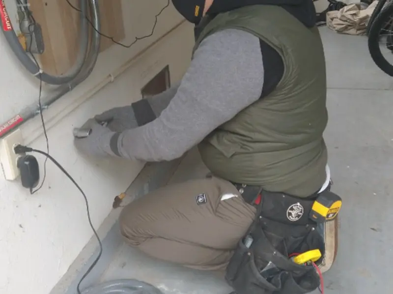 Electrician performing outlet wiring in a Wyoming garage